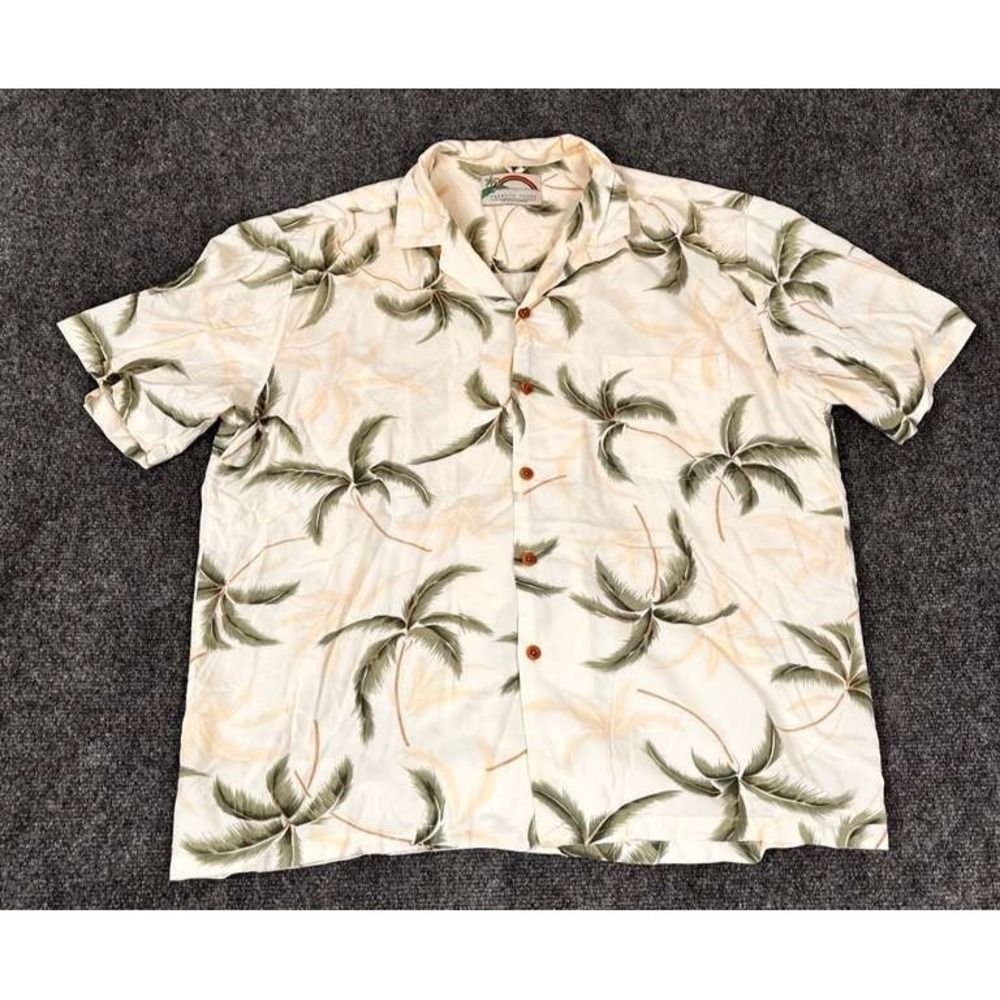 Vtg Paradise Found Hawaiian Shirt Mens Sz XL Palm Tree Print Button Up Beige